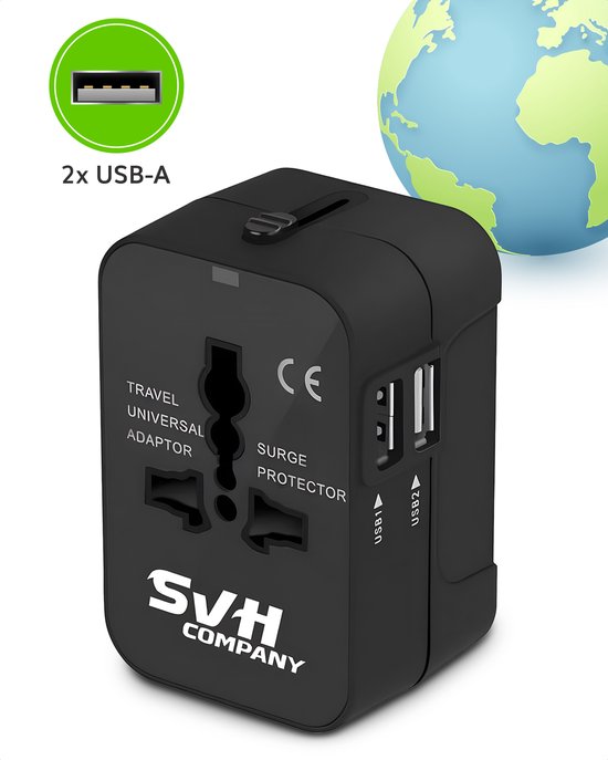 SVH Company Reisstekker – Wereldstekker Universeel voor 150+ Landen, waaronder Engeland UK, Amerika USA, Italië EU en Japan – 2 USB Poorten - Type A en Type G
