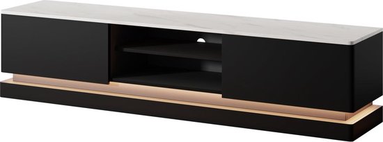 PASCAL MORABITO Tv-meubel met 2 lades en 2 nissen met ledverlichting van mdf - Zwart met wit marmereffect - DEVIKA - van Pascal Morabito L 190 cm x H 44 cm x D 40 cm