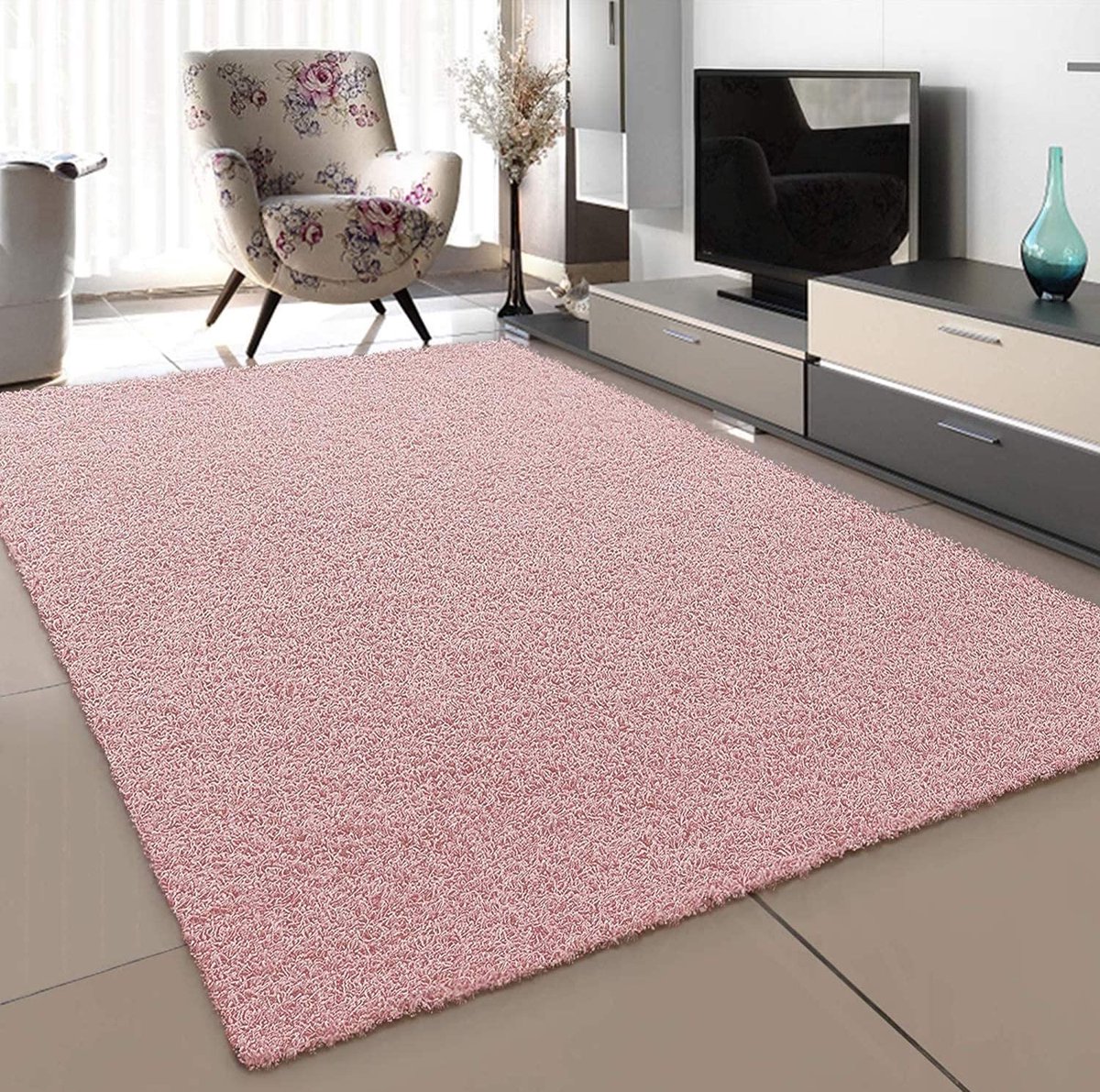 Muratap Loca Shaggy Vloerkleed – Modern Uni Effen – Roze Hoogpolig & Zacht- 140x200 CM Lichtroze