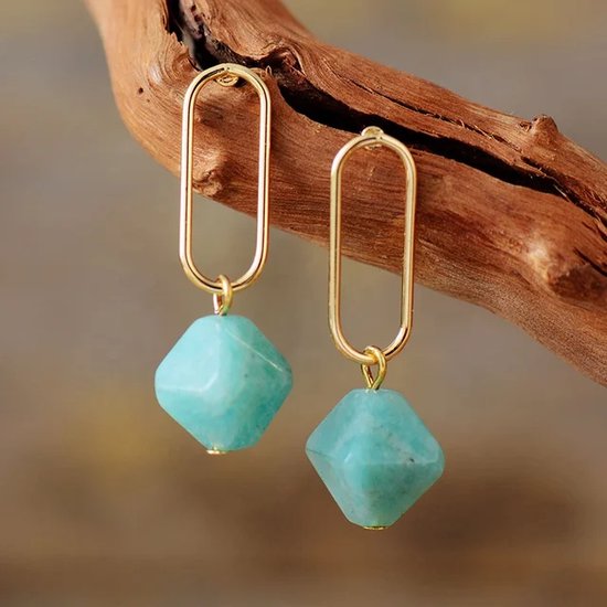 Oorstekers Amazoniet steen - licht blauwe oorbellen - edelstenen - gouden oorbellen - Geschenk voor haar -