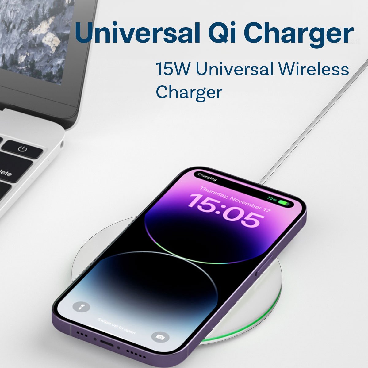 Draadloze Oplader 15W Qi Opladen – Wireless Charging Pad - iPhone Oplader – Samsung Oplader – Oplaad-pad ook voor AirPods en Galaxy Buds – Draadloze Qi Snellader – Kleur Wit – foto 2
