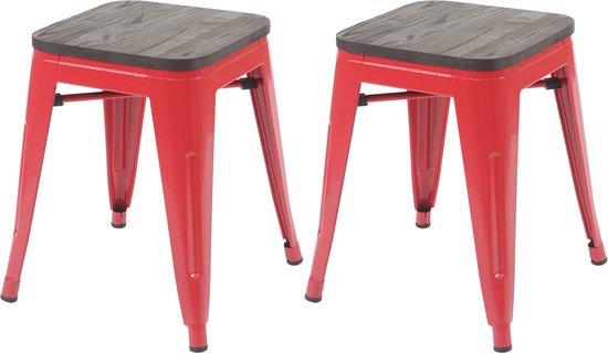Set van 2 krukken MCW-A73 incl. houten zitting, metalen kruk zitting kruk, metalen industrieel ontwerp stapelbaar ~ rood