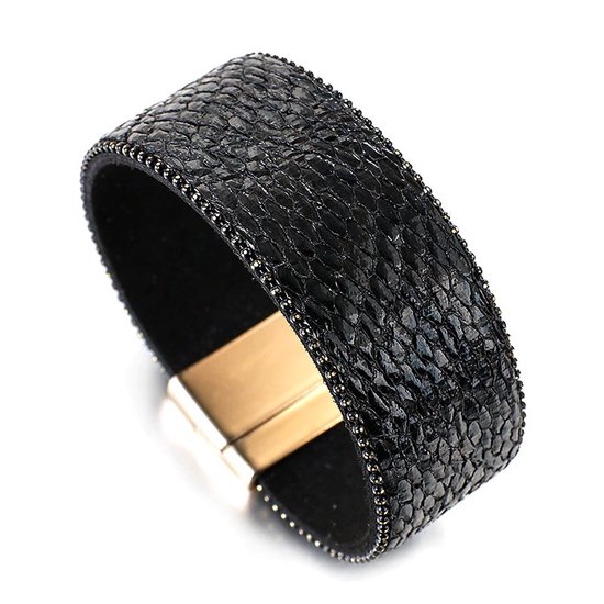 Sorprese armband - Leer - zwart - armband dames - 19.5 cm - cadeau - Model F