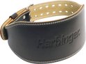 Zwarte Harbinger leren gewichthefband met stiksels en logo.