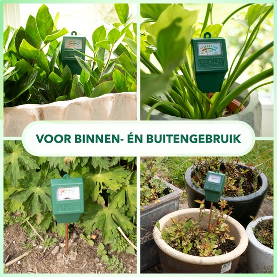 Collage van vier afbeeldingen die de groene vochtmeter in diverse binnen- en buitenplanten laten zien.