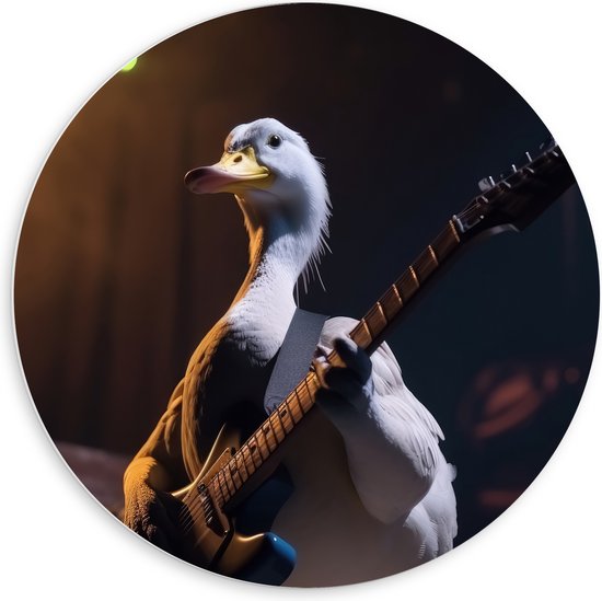 PVC Schuimplaat Muurcirkel - Gitaarspelende Witte Eend op het Podium - 60x60 cm Foto op Muurcirkel (met ophangsysteem)