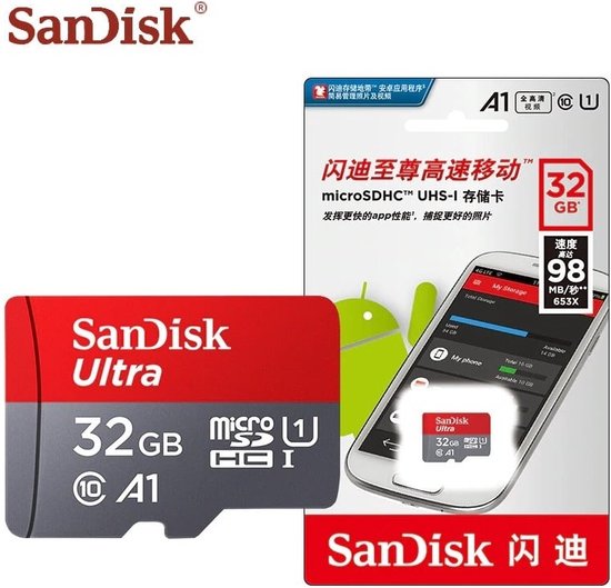 SanDisk 32 GB Ultra microSD-kaart naast verpakking die een smartphone toont met opslagdetails.