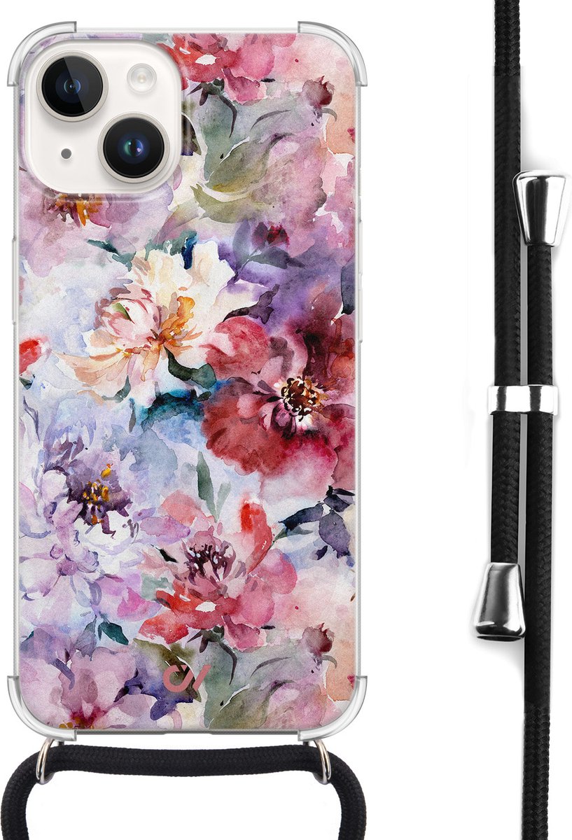 Casevibes - Telefoonhoesje met koord - Geschikt voor Apple iPhone 14 - Bloemen Acryl - Roze -