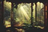 Fotobehang A Large Arch-Shaped Window, A Portal In The Dark Mystical Forest, The Sun's Rays Pass Through The Window And Trees, Shadows. Fantasy Beautiful Forest Fantasy Landscape. 3D . - Vliesbehang - 254 x 184 cm