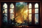 Fotobehang A Large Arch-Shaped Window, A Portal In The Dark Mystical Forest, The Sun's Rays Pass Through The Window And Trees, Shadows. Fantasy Beautiful Forest Fantasy Landscape. 3D . - Vliesbehang - 300 x 210 cm