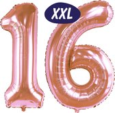 Folieballon Cijfer 16 - Rosé Goud - 80cm - Incl. Opblaasrietje - Verjaardag Versiering – Sweet 16