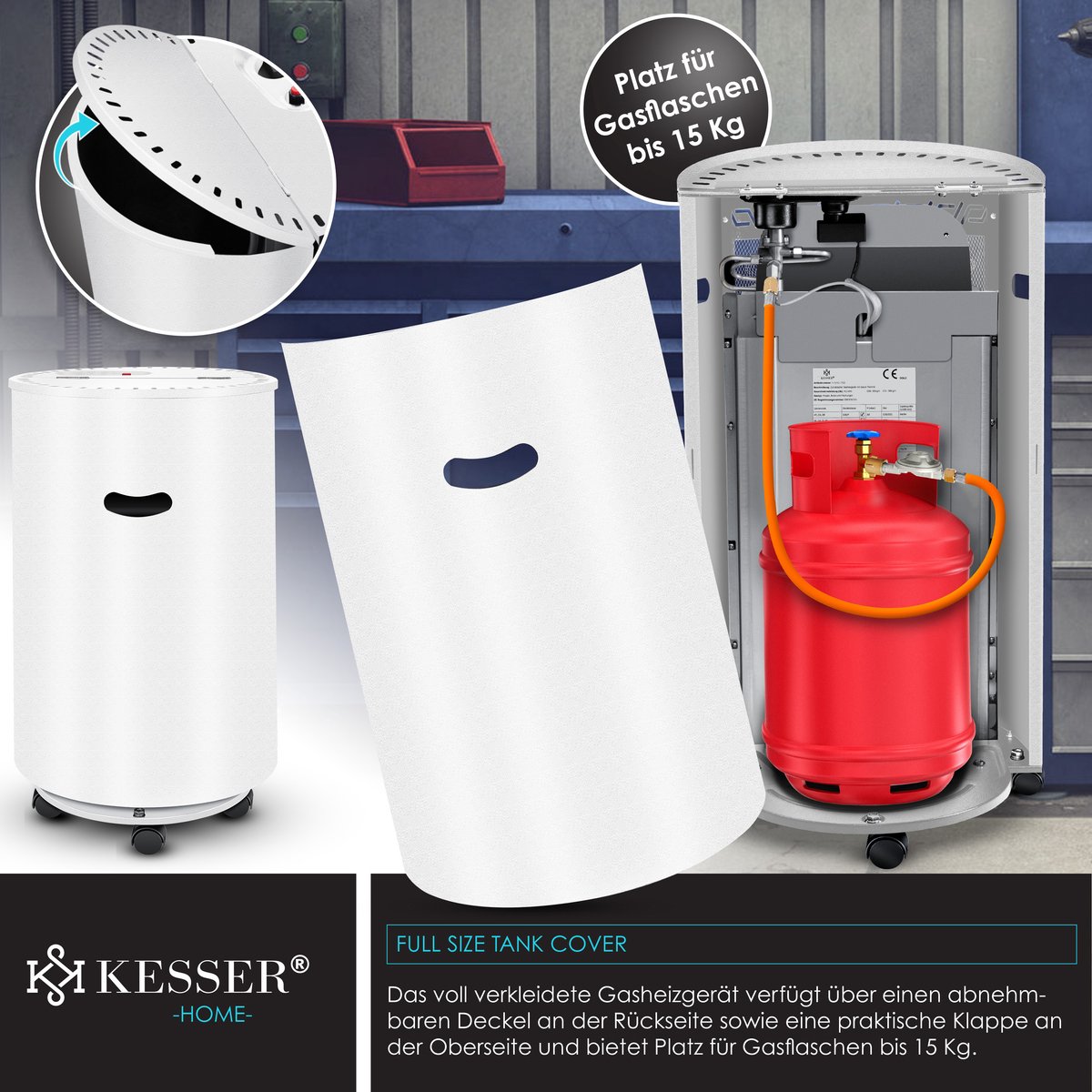 KESSER® Gaskachel keramisch 4200 Watt Mobiele Kachel incl. gasdrukregelaar gasslang - camping gaskachel incl. beschermhoes, keramische infraroodbrander, butaan- of propaangasflessen tot 15 kg - Wit