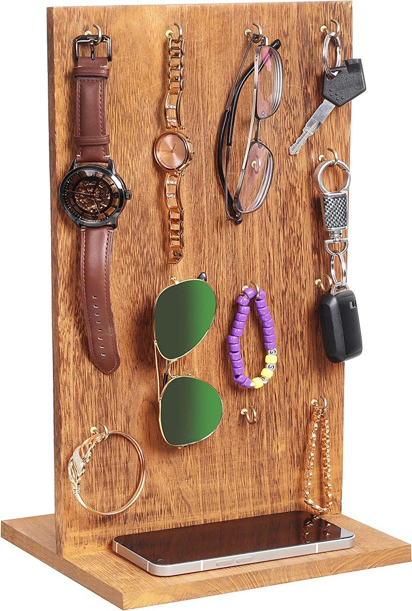 Draaibare houten sieradenstandaard met 16 haken aan beide zijden - Geschikt voor kettingen, armbanden, ringen, horloges en oorbellen.