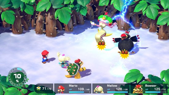 Mario, Mallow en Bowser in gevecht met twee vogels in een besneeuwde omgeving.
