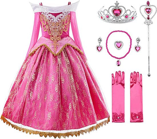 Prinsessenjurk Meisje - Roze Jurk - Verkleedkleren Meisje - maat 128/134 (130) - Prinsessen Verkleedkleding - Kroon - Toverstaf - Handschoenen - Carnavalskleding Kinderen - Kleed - Verjaardag meisje - Cadeau meisje