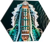 Dibond Hexagon - Bovenaanzicht van Groot Cruiseschip Varend over de Golven van de Zee - 40x34.8 cm Foto op Hexagon (Met Ophangsysteem)