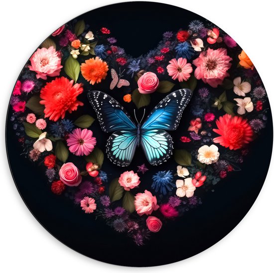 Dibond Muurcirkel - Hart van Blauwe Vlinder en Verschillende Bloemen op Zwarte Achtergrond - 60x60 cm Foto op Aluminium Muurcirkel (met ophangsysteem)