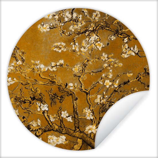 WallCircle - Muurstickers - Behangcirkel - Amandelbloesem - Kunst - Van Gogh - Goud - ⌀ 120 cm - Muurcirkel - Zelfklevend - Ronde Behangsticker XXL