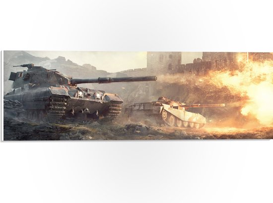 PVC Schuimplaat- Aanval op Stad van Soldaten in Tanks - 60x20 cm Foto op PVC Schuimplaat