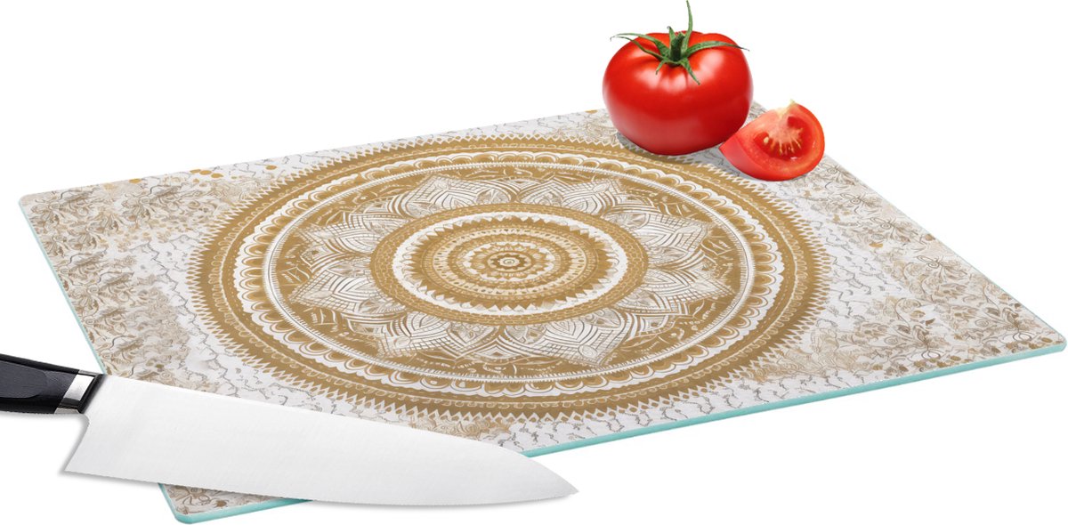 Glazen Snijplank - 39x28 - Mandala - Bloemen - Goud - Wit - Design - Snijplanken Glas