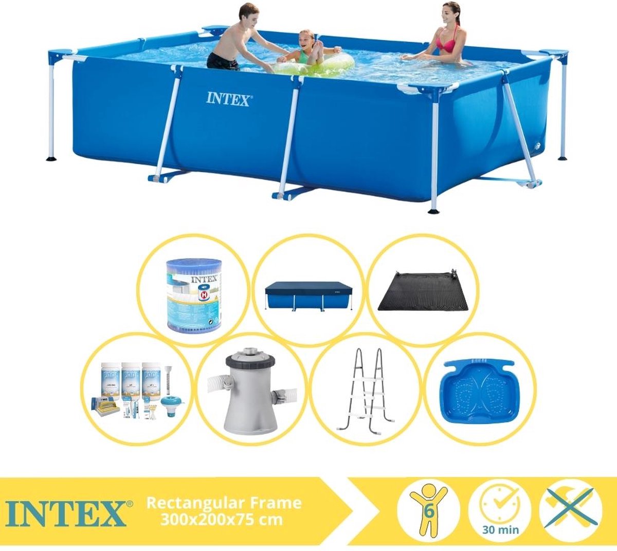 Intex Rectangular Frame Zwembad – Opzetzwembad – 300x200x75 cm – Inclusief Afdekzeil, Onderhoudspakket, Zwembadpomp, Filter, Solar Mat, Trap en Voetenbad