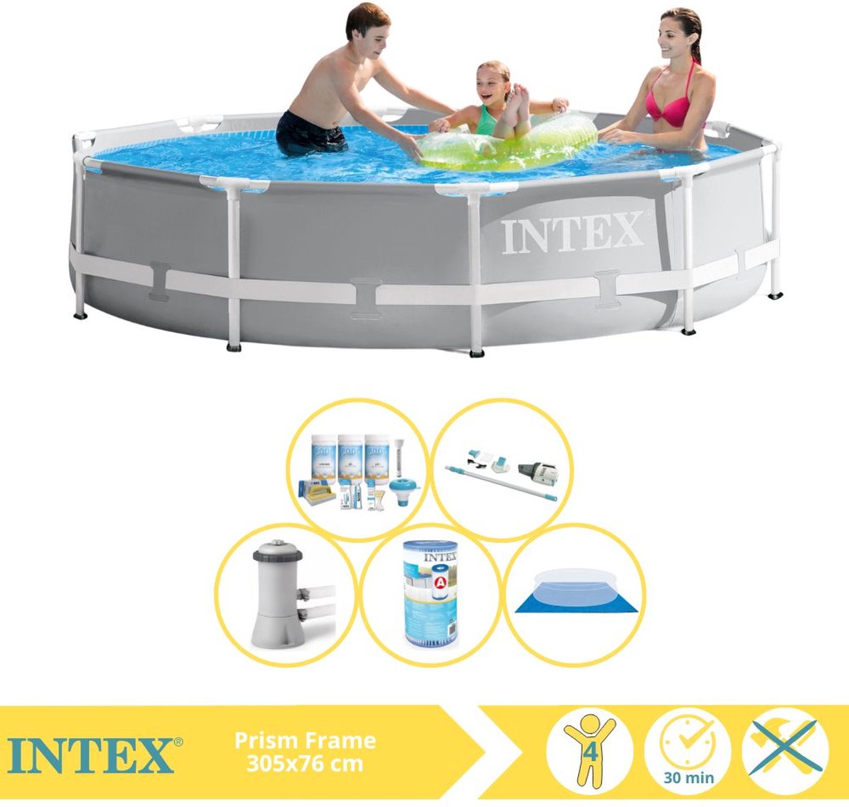 Intex Rond Prism Frame Zwembad - 366 x 76 cm - Grijs - Inclusief Pomp - Onderhoudspakket - Filter - Grondzeil - Stofzuiger - 6-delig