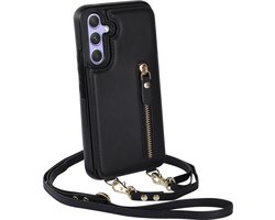 Casemania Hoesje Geschikt voor Samsung Galaxy A14 - Zwart - Luxe Back Cover met Koord & Rits - Wallet Case met Pasjeshouder - Lanyard Telefoonhoes - Cord Case
