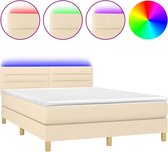 vidaXL - Boxspring - met - matras - en - LED - stof - crèmekleurig - 140x190 - cm