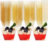 MATANA 100 Mini Plastic Dessertbekers, Transparante Dessert Kopjes met Gouden Glitters, Kleine Dessertkommen voor Verjaardagen, Bruiloften en Feesten, 70ml - Stevig en Herbruikbaar