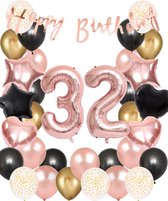 Snoes Ballonnen 32 Jaar Set Mega Rose Black Zwart Ballonen set - Compleet Feestpakket Cijferballon 32 Jaar - Verjaardag Versiering Slinger Happy Birthday – Folieballon – Latex Ballonnen - Helium Ballonnen