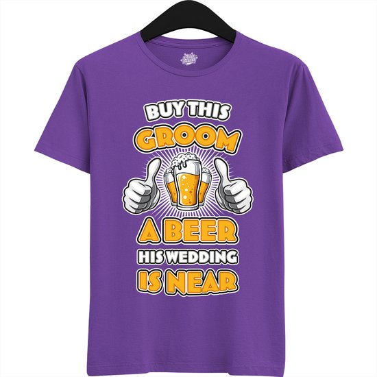 Buy This Groom A Beer | Vrijgezellenfeest Cadeau Man - Groom To Be Bachelor Party - Grappig Bruiloft En Bruidegom Bier shirt - T-Shirt - Unisex - Dark Purple - Maat M