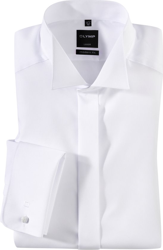 OLYMP Luxor modern fit overhemd - smoking overhemd - wit - gladde stof met wing kraag - Strijkvrij - Boordmaat: 43