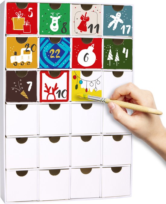 BRUBAKER Diy Adventskalender Om zelf te Versieren - herbruikbare kerstkalender met 24 Vakjes om zelf te vullen met kleine Cadeautjes - Karton - wit - 32,5 cm van