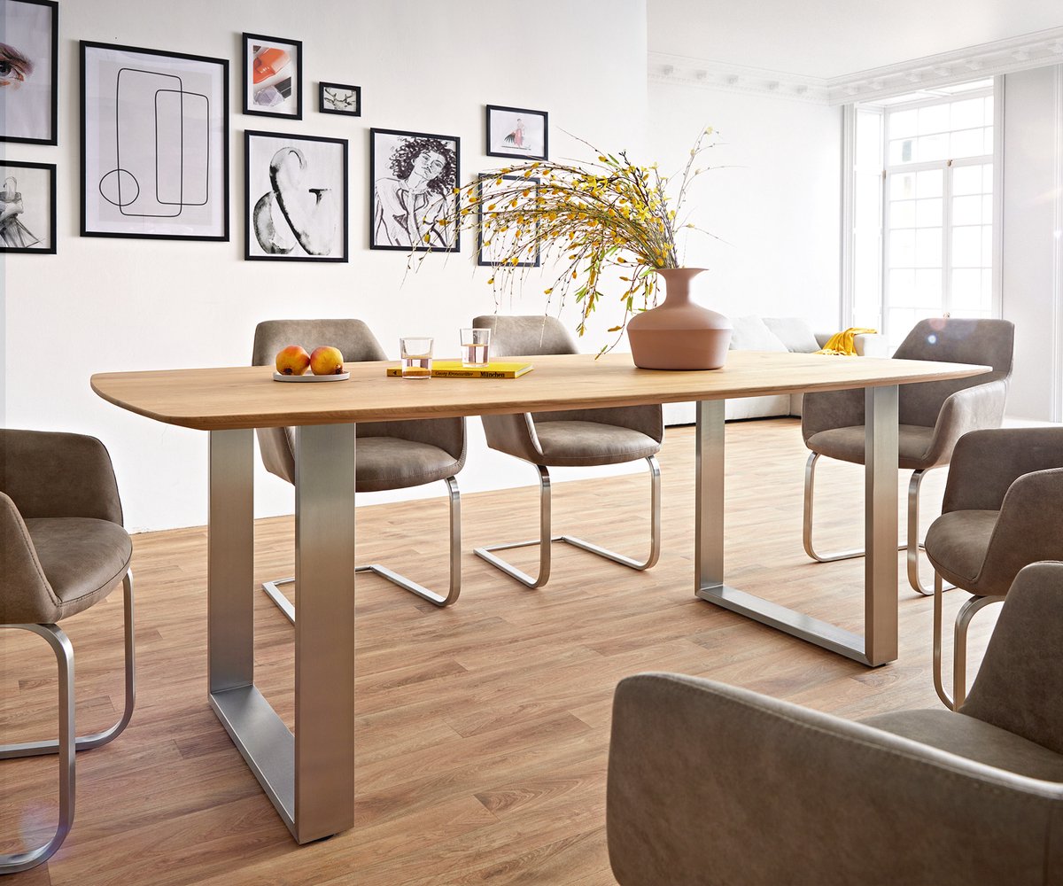Eetkamertafel Edge Boot eiken natuur 200x100x2,5-3 roestvrij staal smal Zwitserse rand
