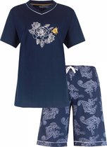 MESAD1304A Medaillon Ladies Pyjama short - Ensemble de Couchage - 100% Katoen Peigné - Blauw Marine avec Rose. - Tailles : M