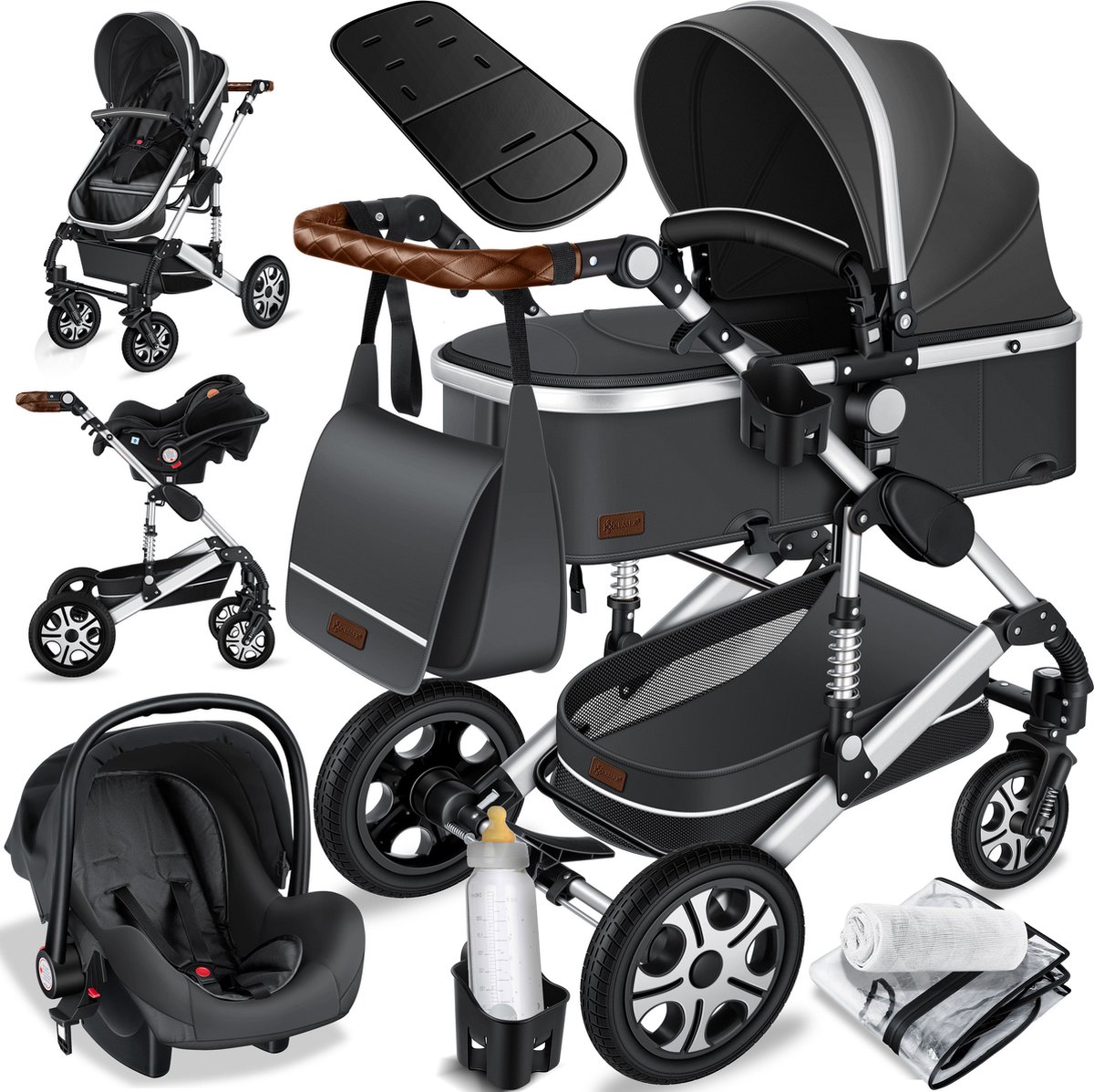 KESSER® Kinderwagen 3 in 1 Loops Wandelwagen Set incl. Autostoel & Reiswieg & Buggy Sportzitje - Massieve Rubberbanden - Luiertas / Regenhoes - Asfalt-Grijs / Zilver