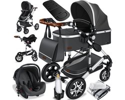 KESSER® Kinderwagen 3 in 1 Loops Wandelwagen Set incl. Autostoel & Reiswieg & Buggy Sportzitje - Massieve Rubberbanden - Luiertas / Regenhoes - Asfalt-Grijs / Zilver