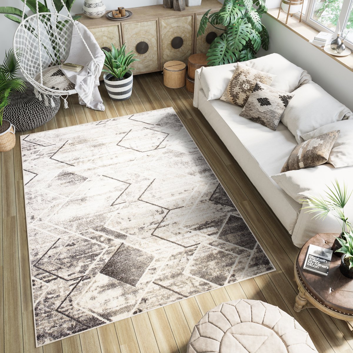 Tapiso Petra Vloerkleed Geometrisch Woonkamer Kleed Tapijt Maat- 140x200 Lichtbeige