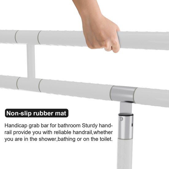 Close-up van een hand die de witte, gestructureerde handgreep van een opklapbare toiletbeugel vastpakt. Tekst: 'Non-slip rubber mat'.