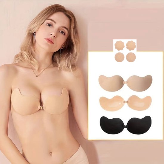 Foto: Sara shop plak bh onzichtbare push up bh zelfklevende beha backless strapless plak bh met 2 stuks boob tape gel sticky solid cup c skin topkwaliteit