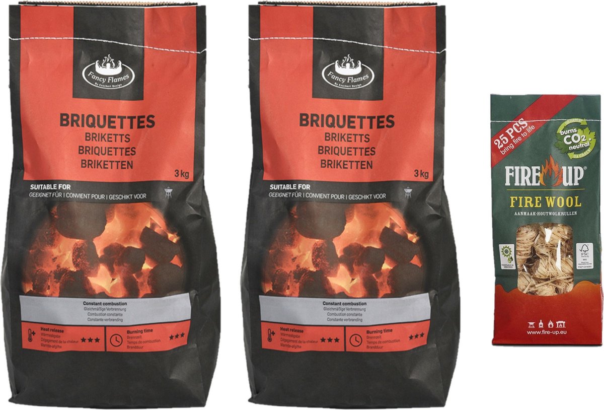 BBQ starterspakket - houtskool briketten 6 kilo - barbecue aanmaak houtwolkrullen 25x