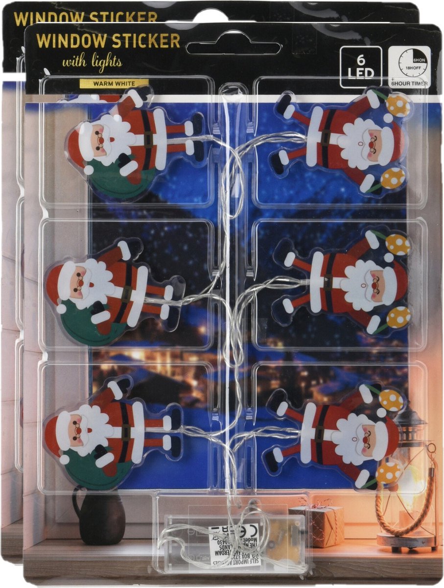 Christmas Decoration raamstickers kerstmannen - 2x - met verlichting - raamversiering lichtsnoer - batterij