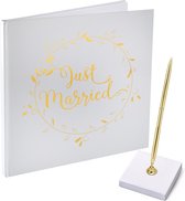 Livre d'or/livre de réception avec stylo de luxe dans étui - Mariage - or/blanc - 24 x 24 cm