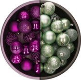 Decoris kerstballen - 74x st - mintgroen (eucalyptus) en paars - 6 cm - kunststof