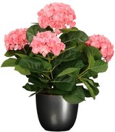 Hortensia kunstplant/kunstbloemen 45 cm - roze - in pot titanium grijs glans - Kunst kamerplant