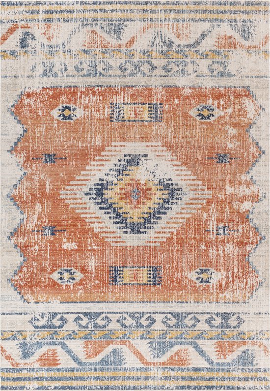 SURYA Buitenkleed - Balkon, Terras, Keuken - Vintage Berber Tapijt NAWEL - Rood/Blauw - 200x275 cm