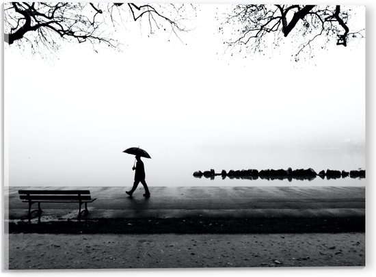 Acrylglas - Man met Paraplu Lopend langs Water op Mistige Dag (Zwart-wit) - 40x30 cm Foto op Acrylglas (Met Ophangsysteem)