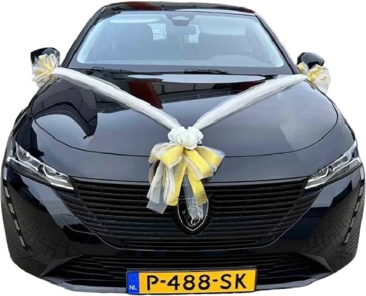 AUTODECO.NL - CLARA ECRU & GOUD Luxe trouwauto decoratie versiering - Trouwauto Decoratie ecru lint met ercu Rozen - Autodecoratie - ercu Rozen - Motorkap Versiering - Autobloemstuk Bruiloft - Bloemen op de Auto - Bloemen op de Motorkap