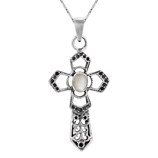 Ketting zilver | Zilveren ketting met hanger, opengewerkt kruis met marcasiet stenen en hart van parelmoer