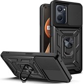 Hoesje met Camera Slider Geschikt voor de Realme 9i/Oppo A76/A96 - Back Cover met Standaard - Uitklapbare Kickstand Ring - Beschermhoes TPU - Magneet voor Auto Houder Zwart